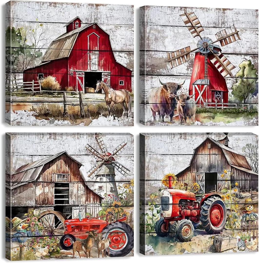 Country Red Barn Wall Art Farmhouse Kitchen Decor Rustic Old Barn Picture Wall Decor Vintage Windmill Tractor Canvas Prints Farm Animals Cow Paintings Artwork Living Room Home Decoration 12x12" 4Pcs