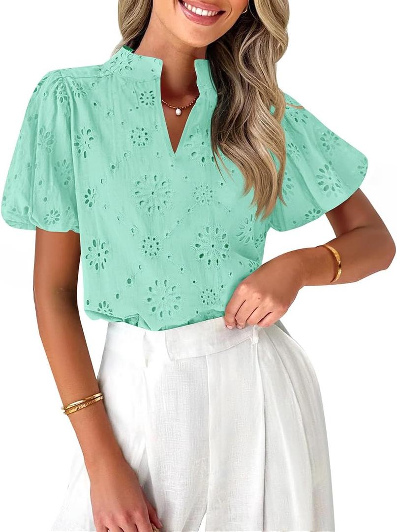 ZESICA Women's Summer Short Puff Sleeve Shirts 2025 V Neck Casual Hollow Out Lace Embroidered Blouse Tops (Green, S)