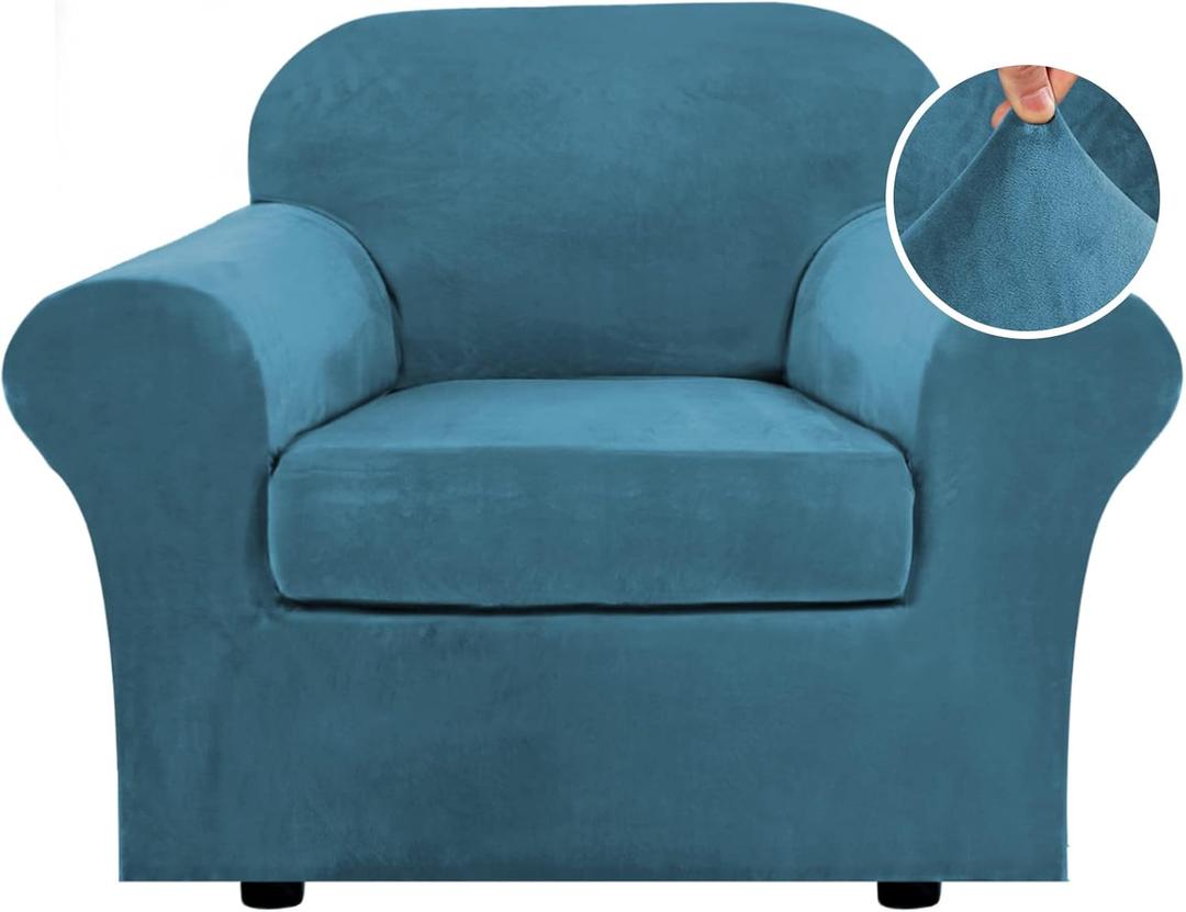 H.VERSAILTEX Rich Velvet Stretch 2 Piece Chair Cover Chair Slipcover Sofa Cover Furniture Protector Couch Soft with Elastic Bottom Chair Couch Cover with Arms Width Up to 49 Inch(Chair,Peacock Blue)