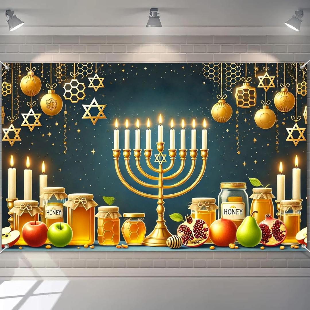 Hanukkah Banner 71 x 43 Inches Jewish Holiday Backdrop Menorah Honey Apple Wall Decor Star of David Festival Banner for Home Synagogue Classroom Celebration Backdrop