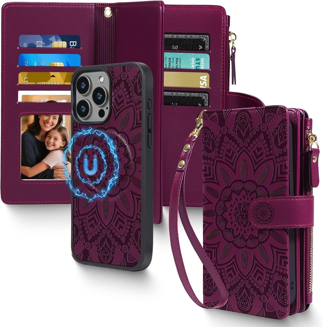 2 in 1 for iPhone 14 Pro Max Wallet Case Magnetic Compatible with Magsafe RFID Blocking Card Holder Detachable Phone Cover Zipper Purse Kickstand Wrist Strap for Men Women 6.7" 2022 Floral Burgundy
