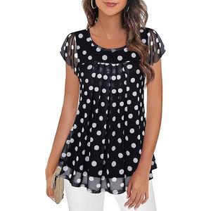 Furnex Women's Short Sleeve Tunic Shirt Pleated Mesh Blouses Summer Floral Tops Medium