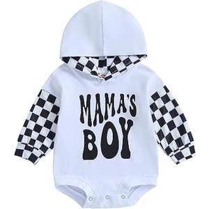 Socutebabe Baby Boy Fall Clothes Long Sleeve Pullover Checkerboard Hoodie Romper Sweatshirt Mama Boy Outfits Sweater Jumpsuit, Size: 12-18 Months