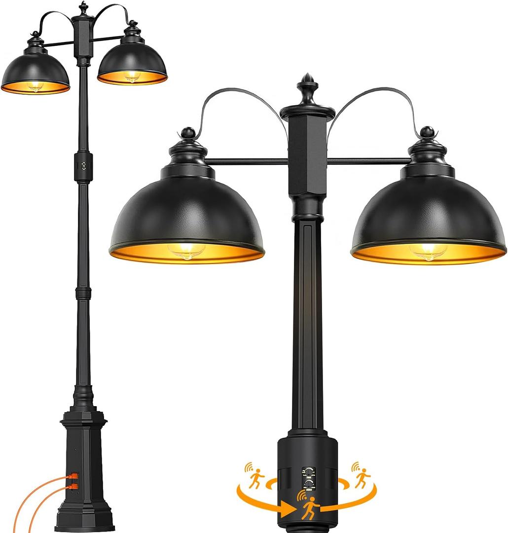360°Motion Sensor Outdoor Post Lights with GFCI Outlet 2-Head,4 Modes Dusk to Dawn Lamp Post Light Fixture,Waterproof Aluminum Outside Light Posts Outdoor Lighting for Yard Garden Driveway,Hardwired