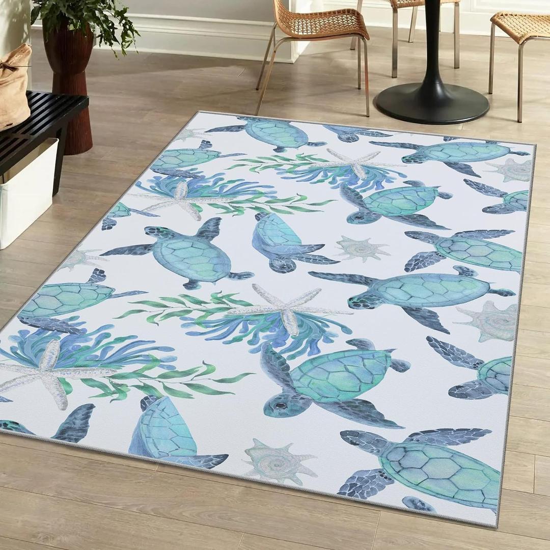 Tritard Coastal Sea Turtles Area Rugs Beach Themed Nautical Starfish Coral Accent Rugs Non-Slip Sea Marine Life Rugs Floor Carpet for Living Room Bedroom, Blue, 3x5 Feet (C6)