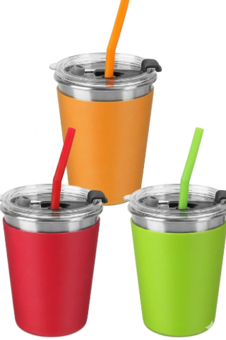 ShineMe 3 Pack Kids Cups with Straws and Lids Spill Proof, 12oz Toddler Straw Cups with Colorful Silicone Sleeves, Unbreakable Stainless Steel Water Tumblers for Cold & Hot Drinks