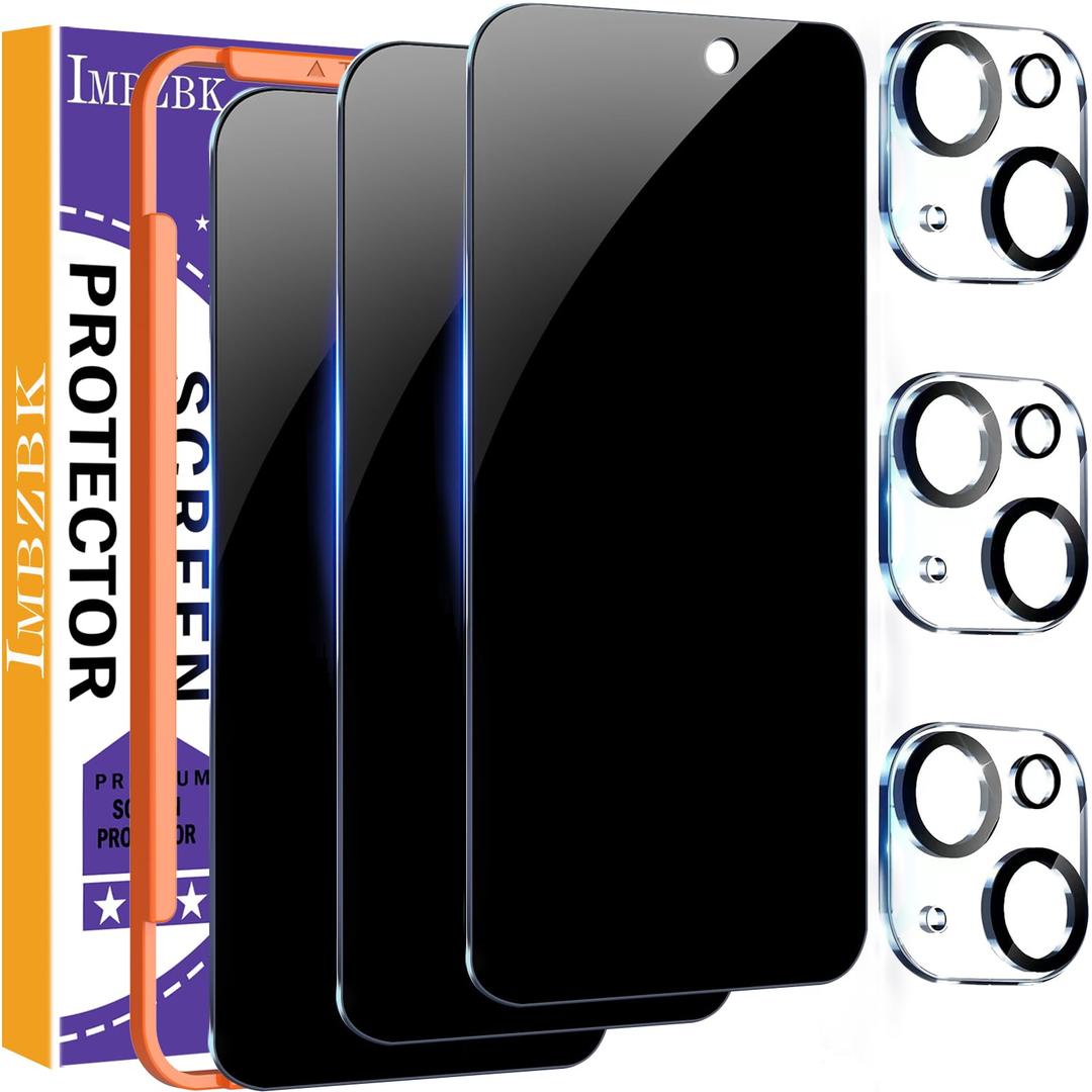 IMBZBK 3 Pack Privacy Screen Protector for iPhone 15 Plus Tempered Glass with 3 Camera Lens Protector, Accessories 9H Anti Spy for Apple 15 Plus, 2.5D Curved, Case Friendly, Transparent