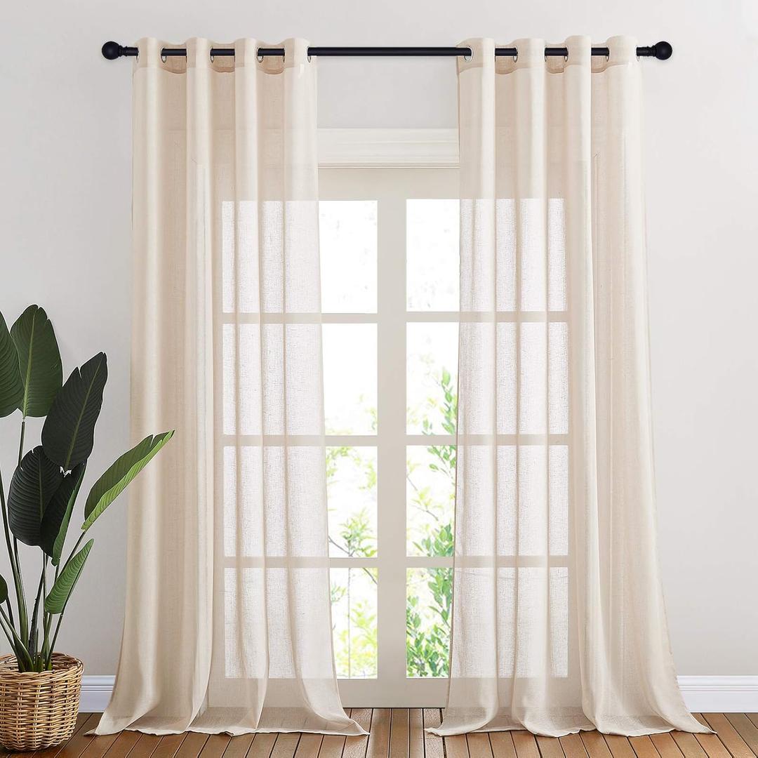 NICETOWN 90 inch Beige Curtains Linen Sheer Faux Flax Window Drapes, Grommet Decorative Keep Privacy Semi Sheer with Light Filtering for Living Room/Bedroom, W52 x L90, 2 Panels