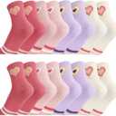 Jspupifip Kids Girls Crew Athletic Socks with Retro Stripes Hearts Cartoon Patterns for Running Sport Outdoor (6-10 Years, Red Beige Pink Purple)