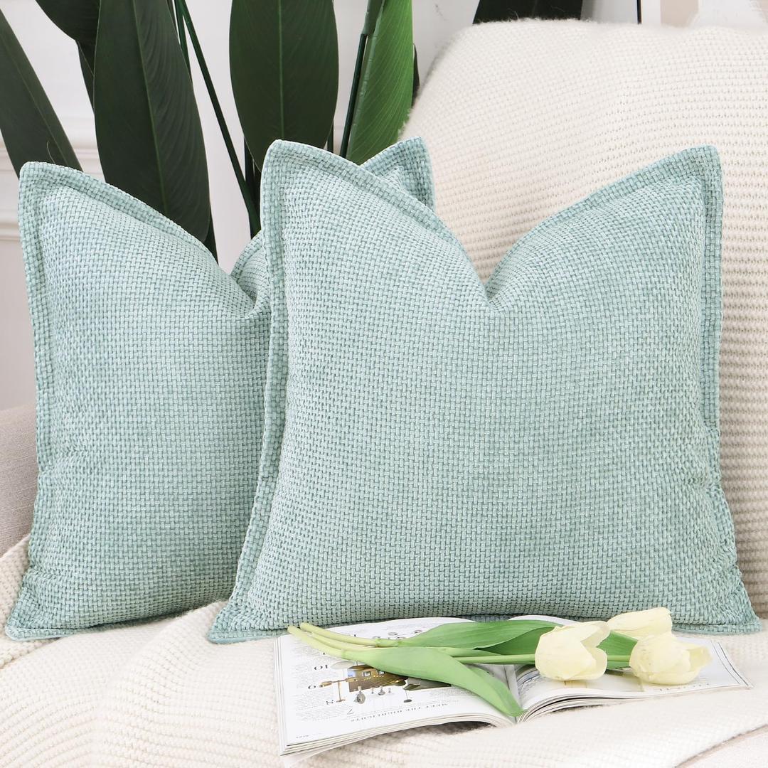 MADIZZ Chenille Velvet Throw Pillow Covers with Flange Set of 2 Super Soft Boho Textured Pillow Covers Decorative Throw Pillowcases Modern Farmhouse Home Decor for Sofa Bedroom Aqua Green 18x18 Inch