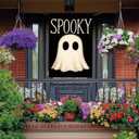 Spooky Ghost Halloween House Flag 28 x 40 Inch Double Sided Decorative Fall Holiday Garden Flags Banner for Outdoor Porch Yard Decor Seasonal House Flags and Home Decorative Display