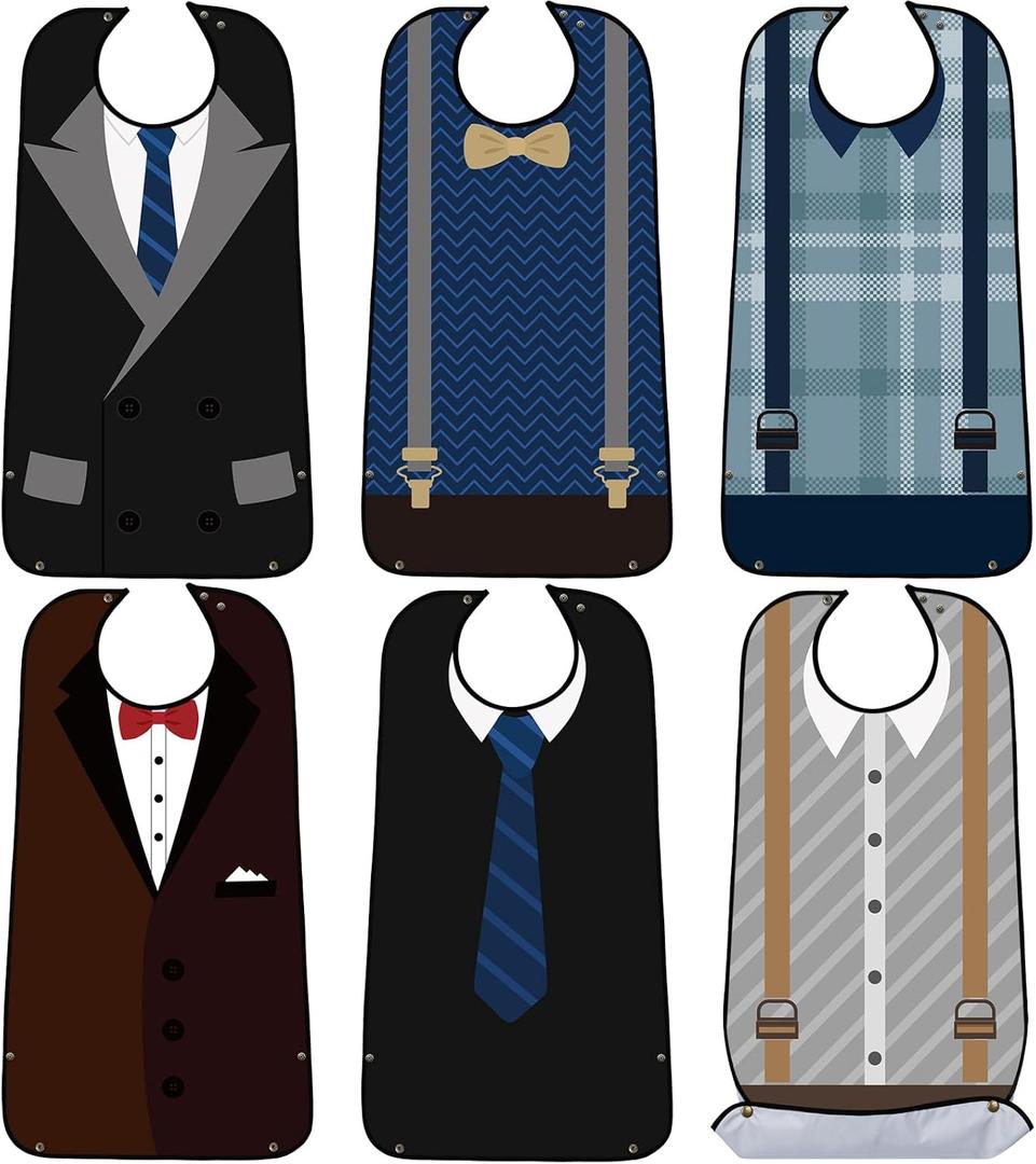 SATINIOR 6 Pack Adult Bibs for Men Elderly Eating Bibs with Crumb Catcher Waterproof Washable Clothing Protectors Father Gift (Suspenders Style)