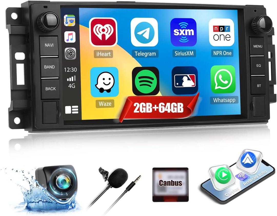 2G+64G Car Stereo Radio for Jeep Wrangler JK Grand Cherokee Compass Dodge Charger Ram 1500 with Wireless CarPlay Android Auto 7'' Android Touch Screen Car Radio with GPS Bluetooth WiFi Backup Camera