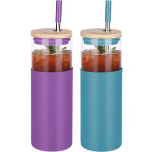 Glass Tumbler w/Lids & Straw: 24 oz Reusable Glass Cup w/Bamboo Lid, Stainless Steel Straws, BPA-Free, Leak-Proof, Dishwasher Safe for Coffee/Smoothies/Hot Beverage, Travel/Office/Home Use, 2-Pk (Blue&Purple)