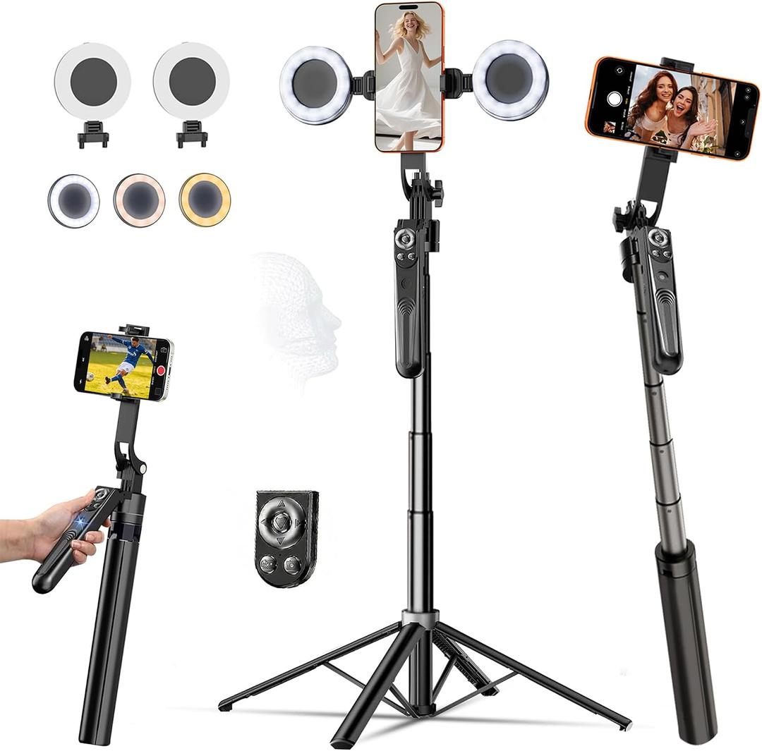Tripod for iPhone with Light Vlogging Camera, Auto Face Tracking Tripod 360 Rotation with Remote, No App, Portable Travel Phone Holder for Video Recording Live Streaming, Content Creator Essentials