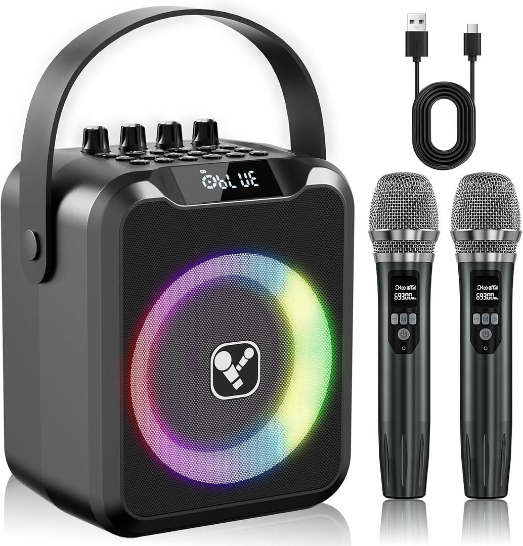 Portable Karaoke Machine with 2 Wireless Microphones for Adults & Kids,Rechargeable Karaoke Mic with 6 Voice Changer,Karaoke Speaker Supports Bluetooth,USB,Live,AUX,TF,MIC