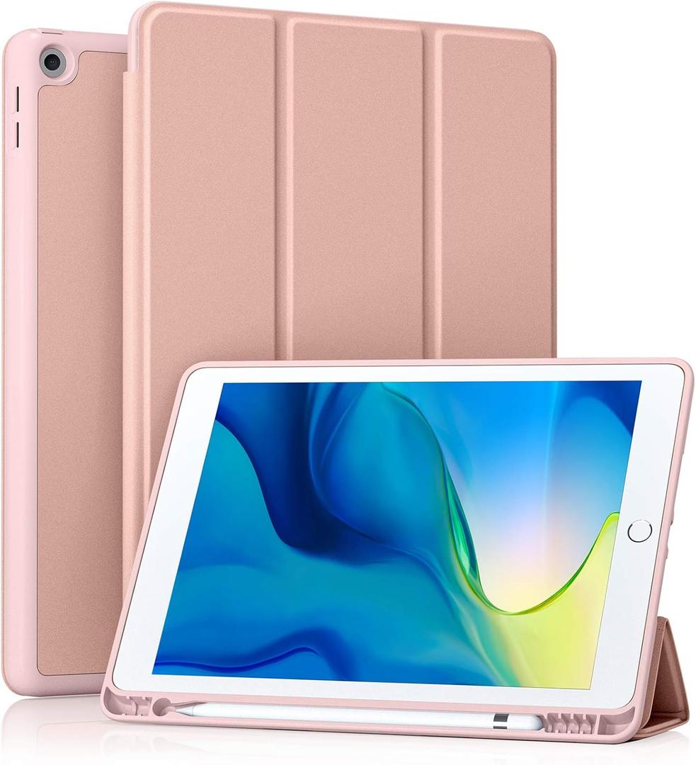 Akkerds Case Compatible with iPad 10.2 Inch 2021/2020/2019, for iPad 9th/8th/7th Generation Case with Pencil Holder, Protective with Soft TPU Back, Auto Sleep/Wake Cover, Rose Pink