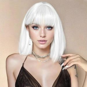 White Bob Wig with Bangs Short Straight White Wigs for Women Silver White Bob Hair Wig for Party Cosplay Daily Use 12Inch