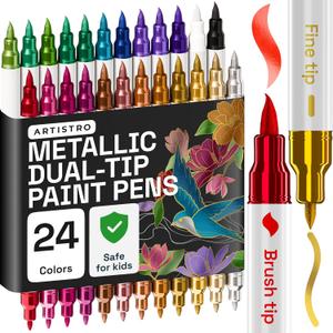 ARTISTRO 24 Metallic Acrylic Paint Markers - Paint Pens for Calligraphy, Brush + Fine Tips - Vision Board Supplies - Kit for Scrapbooking and Journaling - Art Supplies for Adults, Teens, Kids