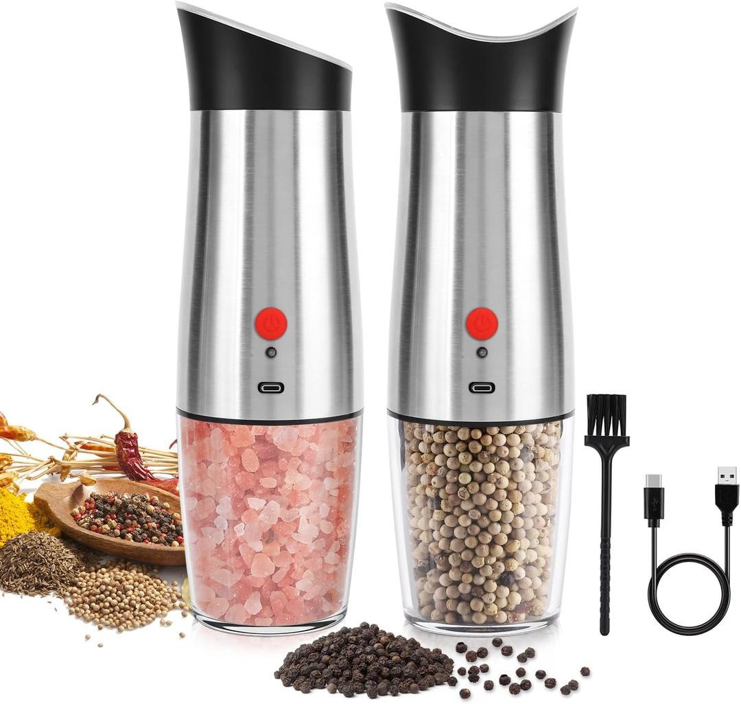 Electric Salt and Pepper Grinder Set: - for Gravity Automatic Sea Salt Grinder Set Spice Pepper Shakers with Adjustable Coarseness USB Rechargeable Battery Power Peppercorn Mill (Silver)