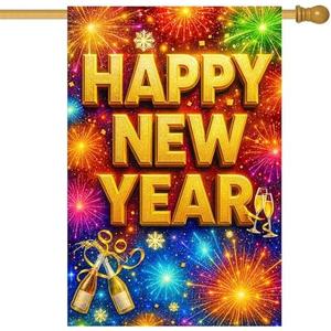 HOMETITUTE Happy New Year House Flag 28x40 Inch Double Sided Garden Flag Gold Letter Fireworks and Champagne Design Large Holiday Yard Banner Outdoor Winter Decor Flag for Porch Lawn Home Decoration