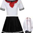 Anime Yandere Simulator Ayano Aishi Yandere Chan Cosplay Costume Japanese School Girls Uniform Sailor Pleated Skirt (Black and White, XX-Large)