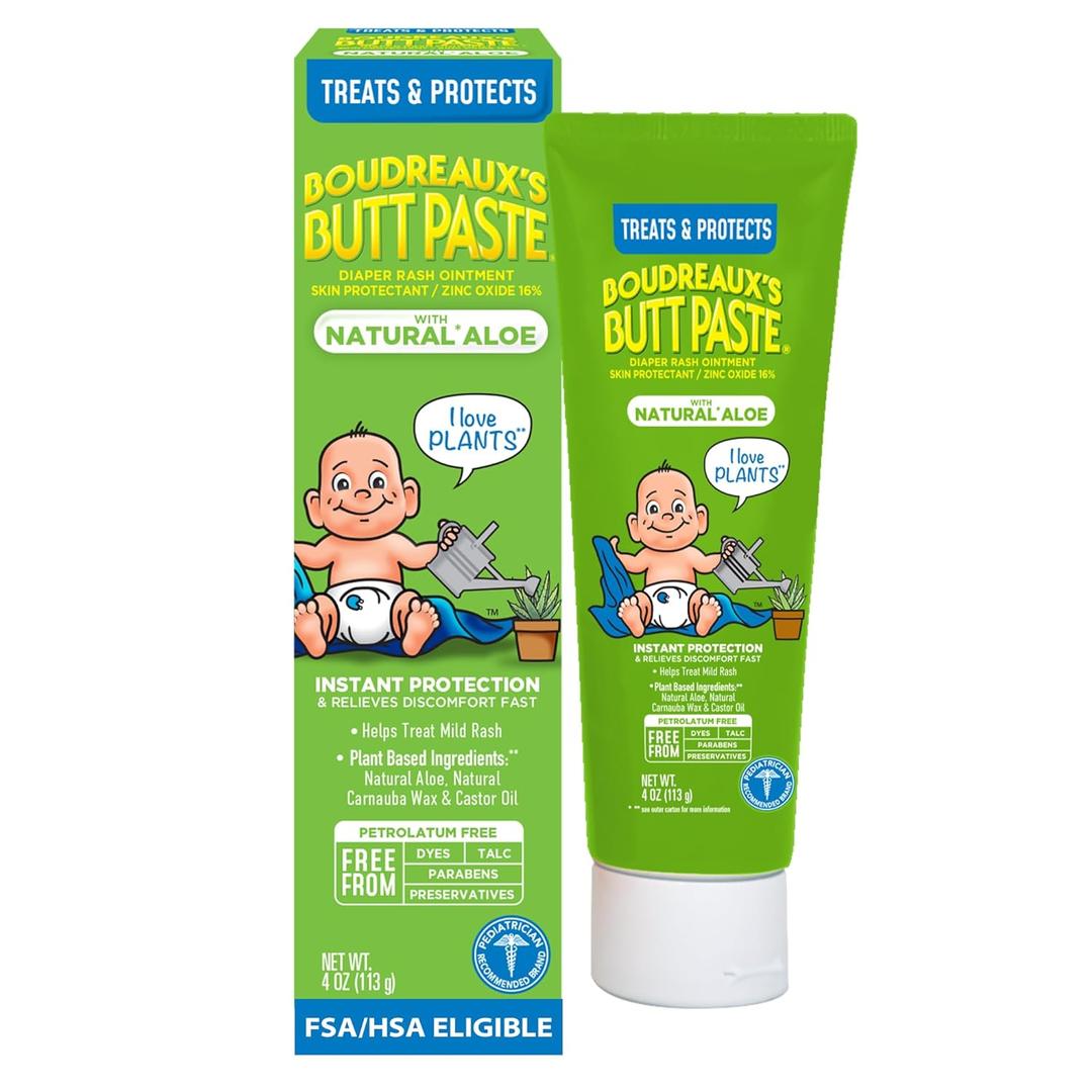 Boudreaux’s Butt Paste Diaper Rash Cream for Baby, Ointment With Natural* Aloe & Zinc Oxide, 4 oz Tube