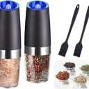 Gravity Electric Salt and Pepper Grinder Set, Battery Operated, Automatic Salt and Pepper Mills with Blue Light(Black, 2pcs/Pack), Adjustable Coarseness,One Handed Operation,Cleaning Brush