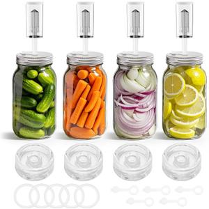 Fermentation Kit for Wide Mouth Mason fermentation Jar,pickling/sauerkraut kit with 4 Glass Fermentation Weights,4 Fermenting Lids,4 airlocks,5 Silicone Rings,5 Silicone Grommet  No Jars  (Clear)
