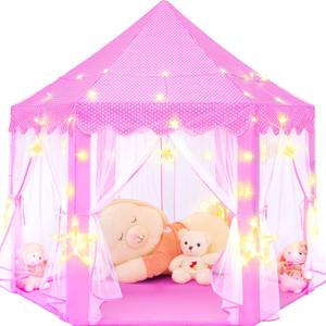 Pink Princess Tent for Girls, Kids Play Tent with LED Large Star Lights, Castle Playhouse Tent for Children Toddlers Indoor Outdoor Games, 55×53 Inches