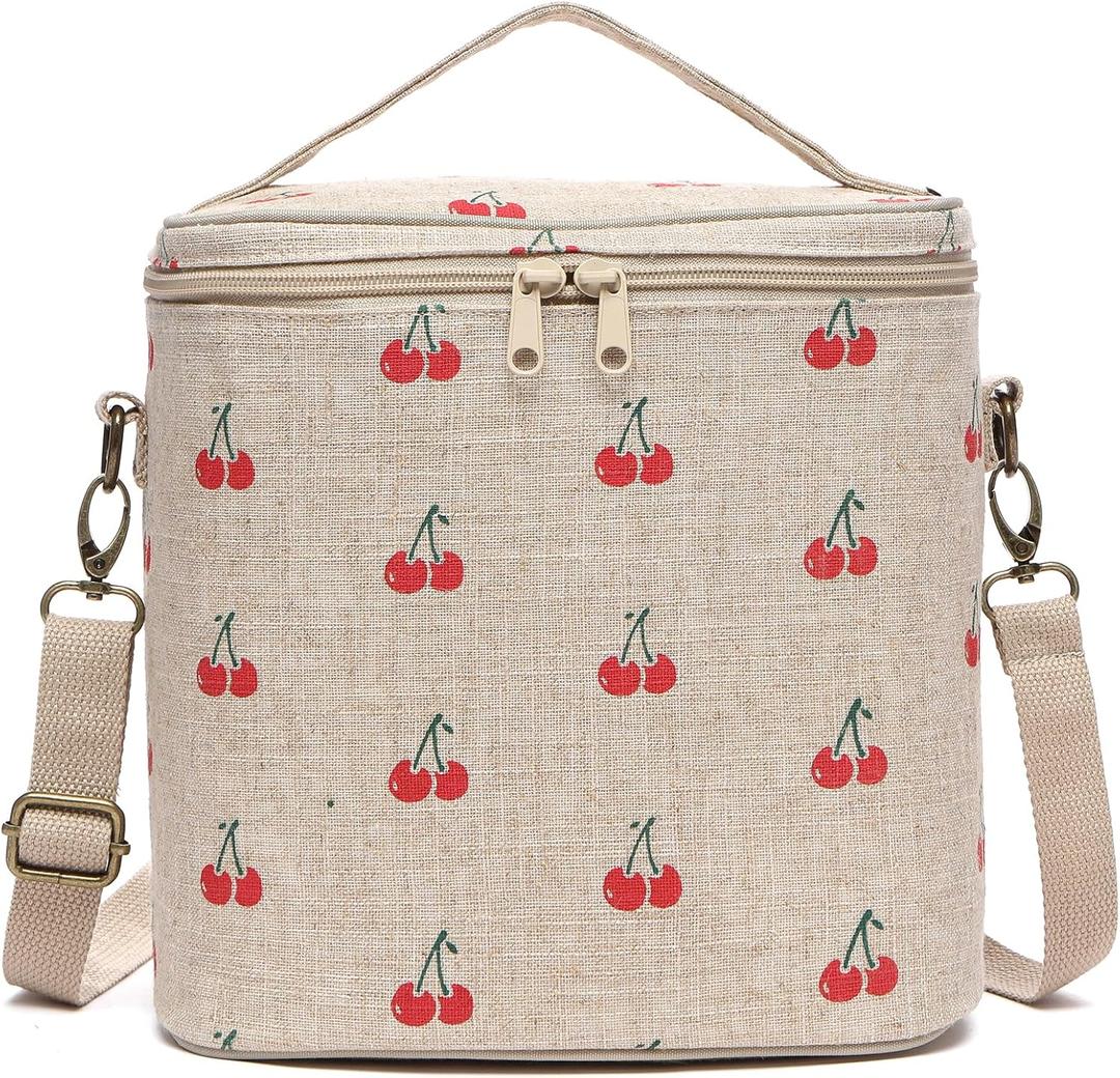 Lunch Bag for Women, Soft Linen Lunch bag with adjustable shoulder strap, Insulated Womens Lunch Bag for Work, Machine Washable Lunch Box with removable liner (Cherry)