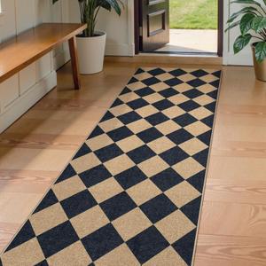Lahome Checkered Easy Jute Runner Rug, 2x8 Hallway Kitchen Runner Rug Non Slip Washable Outdoor Carpet for Entryway Indoor, Checkerboard Black Indoor Outdoor Carpet for Hallway 8ft Entry,Black/Checkerboard -2