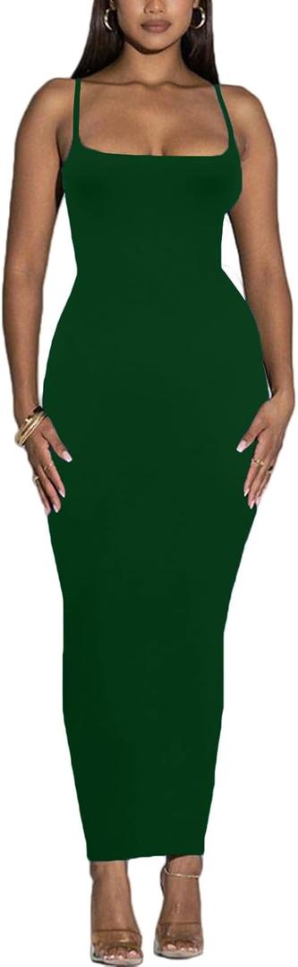 Women's Spaghetti Strap Bodycon Dress - Summer Casual Maxi Club Party Long Tight Slip Dresses (Emerald Green, Small)