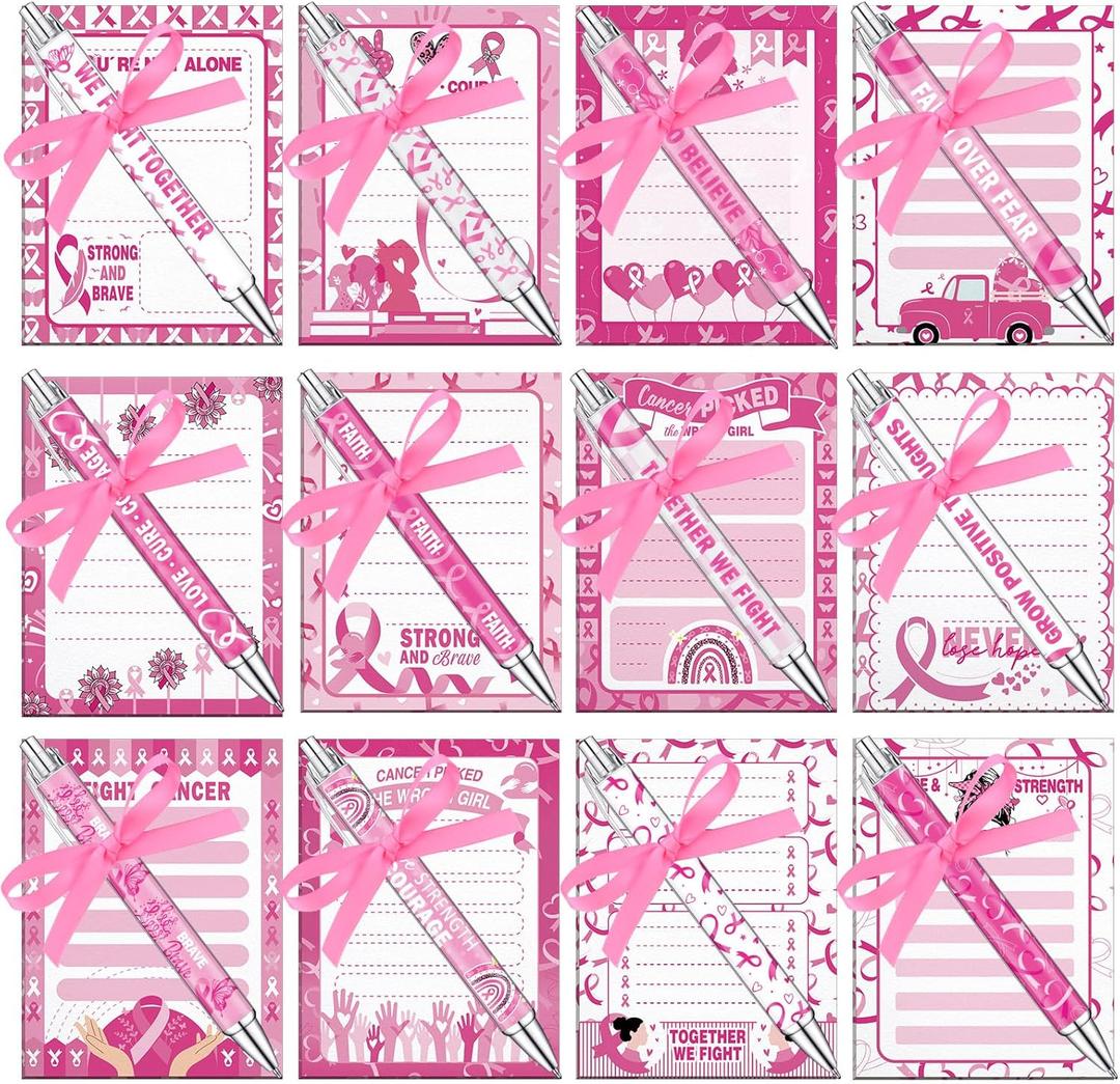 Eaasty 24 Sets Breast Cancer Awareness Gifts Bulk Pink Ribbon Breast Cancer Notepads and Ballpoint Pens Set Inspirational Gifts for Office Supplies Women Coworkers Nurses Volunteers Party Favors