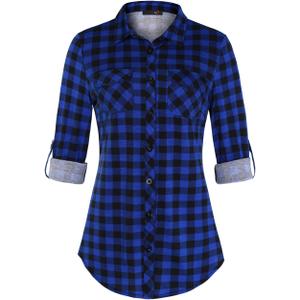 DJT Womens Soft Stretchy Knit Plaid Shirts Roll Up Long Sleeve Collared Button Down Blouses Tops, Large