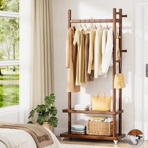 Taitiy Coat Rack Freestanding Clothing Rack with Wheels, Coat Tree Freestanding Heavy Duty with 2 Storage Shelves and 5 Hooks, Wood Garment Rack for Corner Bedroom Hallway Entryway Living Room Hotel