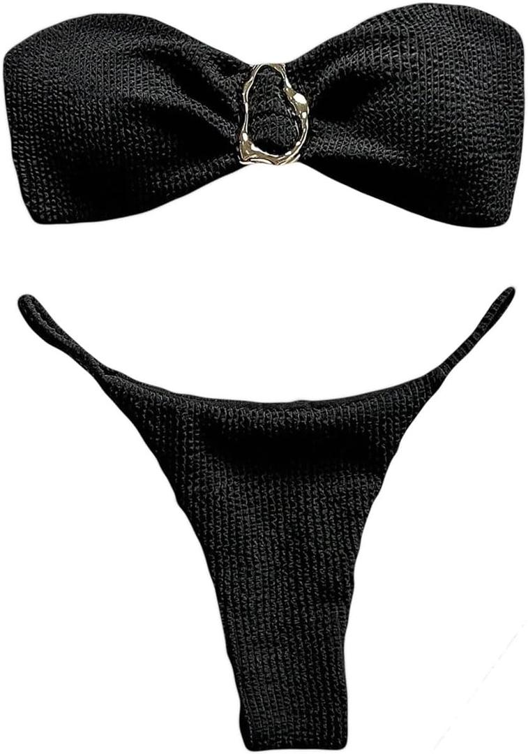 SHENHE Women's Strapless Brazilian Thong Bikini Set Metal Ring 2 Piece Bandeau Tube Swimsuits (Black), S