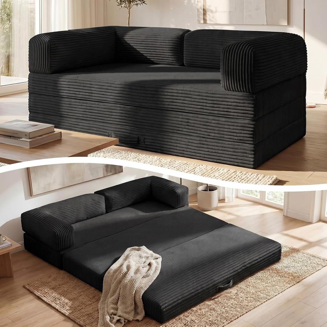 Erament Convertible Sofa Bed, Tri-Folding Mattress Queen Futon Couch Bed, Boneless Sleeper Couch Bed with Removable Armrests & Washable Cover for Guest Room, Living Room, Queen, Black