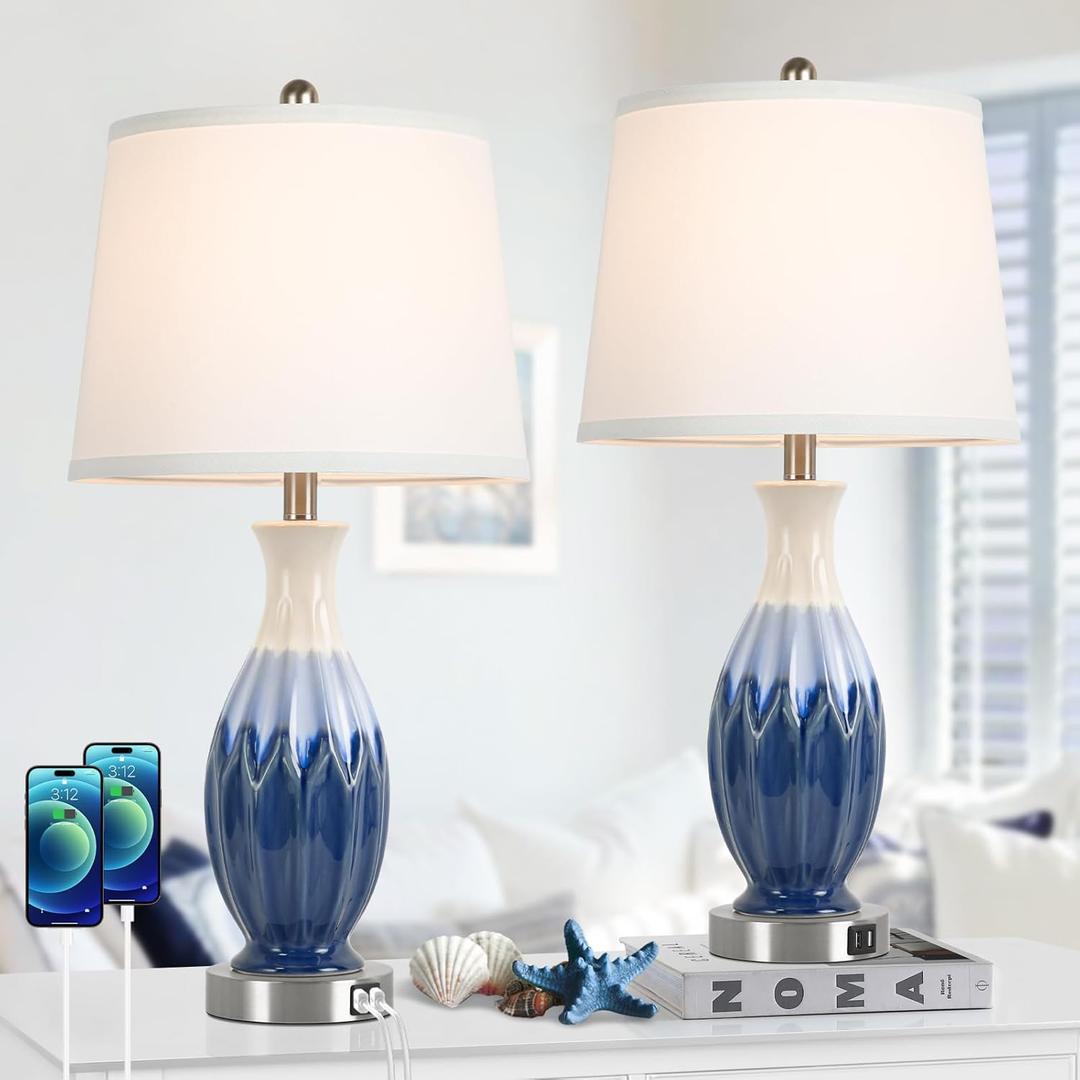 28 Tall Table Lamps Set of 2, Ceramic Navy Blue Bedside Lamps with USB Ports, Coastal Lamp with White Fabric Shade, Large Bedroom Table Lamps for End Table Living Room Nightstand