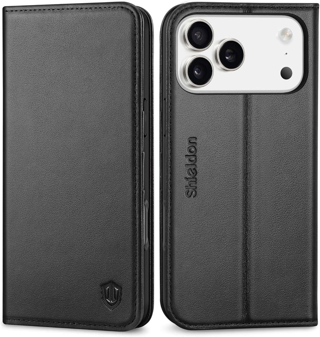 SHIELDON Wallet Case for iPhone 17 Pro Max 6.9-inch 2025 | Genuine Leather | RFID Blocking | Credit Card Holder | Flip Magnetic Cover | Kickstand | Shockproof Inner Phone Shell | Black