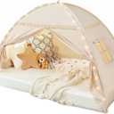 Toddler Canopy Lights & Flags Indoor Floor Bed Kids Tent Playhouse Portable & Foldable Twin Bunk Bed Curtains Girls & Boys House Bedroom Privacy Space Sleeping Tents Gifts Golden Beige Large Size (75x40x46"(Suggested for Twin))