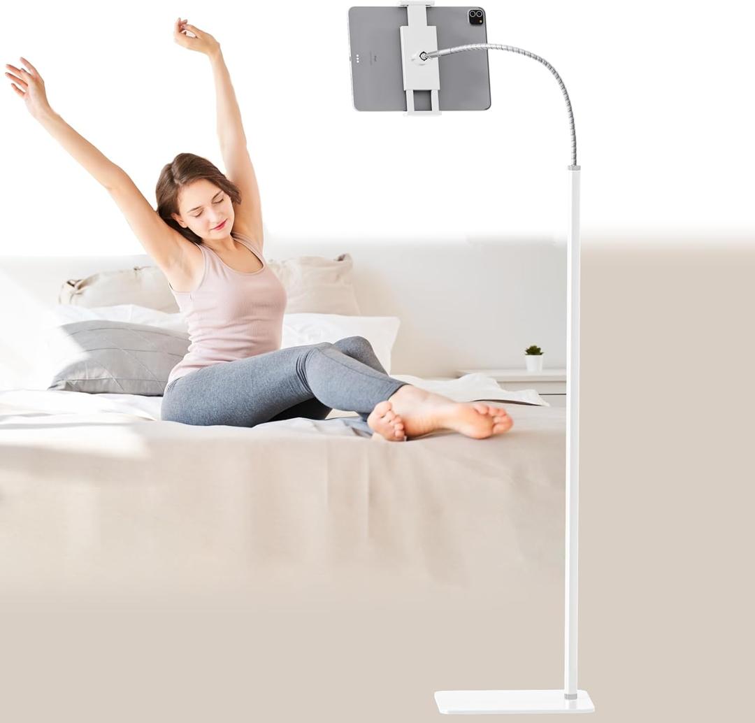 Tablet Floor Stand Holder with Flexible Gooseneck and Stable Base, Compatible with Tablet and Cell Phones (3.5''-9.7''), White