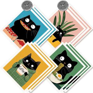 Morigins 12 Pack Swedish Dishcloths with 2 Push Towel Hooks - Design Kitchen Paper Towels Washable, No Odor Cellulose Sponge Cleaning Cloths - Cat Set