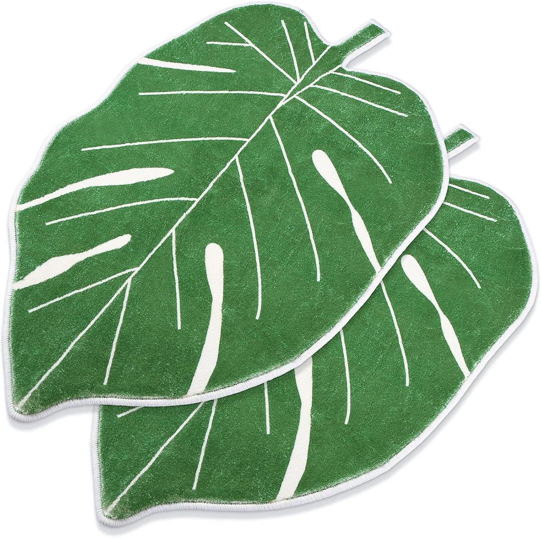 2 Pcs Green Leaf Mat, Large Monstera Palm Leaf Bath Mat 23.6 x 35.4 Inch Bathroom Rug Nonslip Machine Washable Door Carpet Shape Area Rugs for Shower Floor, Bathroom, Bedroom,Kids Room