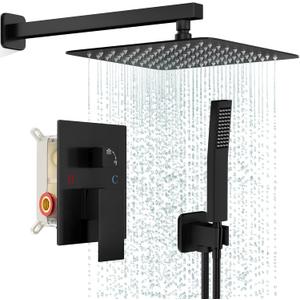 Black Shower Faucet Set, Rainfall Shower System with Square Shower Head and Handle Set, Wall Mounted Shower Fixtures, Full Metal Trim Repair Kit 12 inch Matte Black (With Shower Valve)