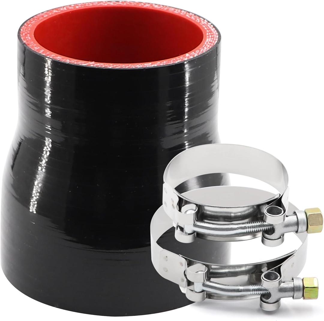 ID 2 to 2-1/2 inches Black Silicone Reducer Coupler with 2 T-Bolt Clamps 4 Layers of Polyester Reinforcement Suitable High Level Turbo Pipe