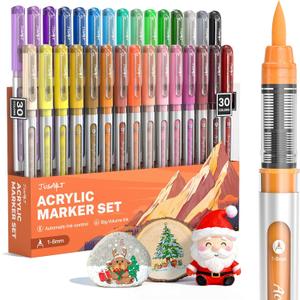 JusArt Acrylic Paint Markers Brush Tip 30 Colors, Water-Based No-Bleed Markers with Automatic Ink Control, Waterproof Acrylic Paint Pens for DIY Art & Crafts -Fabric, Rock, Wood, Glass, Ceramic, Metal