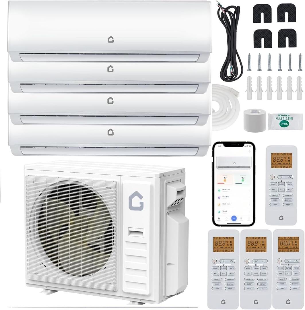 GarveeHome 35000 BTU 4 Zone Mini Split AC/Heating System, Wifi Enabled 19 SEER2 208-230V 3 Zone 9000 + 9000 +12000+ 12000 BTU Ductless Split Unit AC w/Pre-Charged Condenser, Heat Pump