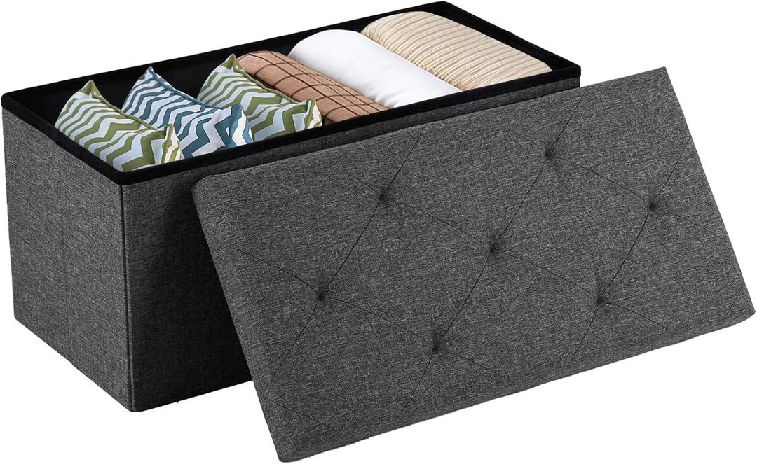 Sweetcrispy 30 Inch Folding Storage Ottoman Bench, Ottoman with Storage | Large Hidden Storage Chest with Padded Seat, Foot Rest Stool, End of Bed Bench for Bedroom, Living Room, Linen Fabric, Gray, 15"D x 30"W x 15"H