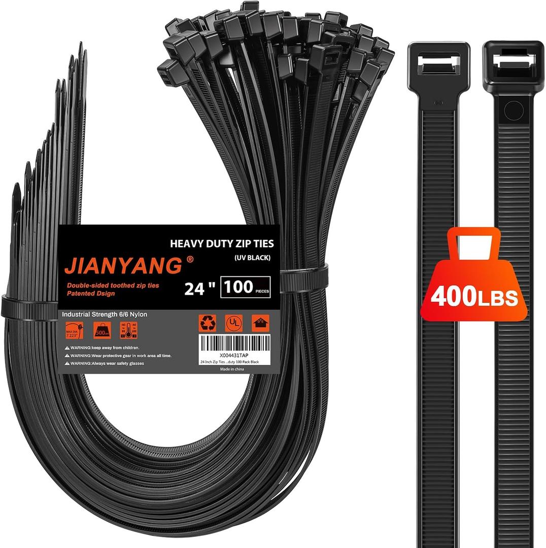 Long Zip Ties Heavy Duty 24 inch400 LBS Tensile Strength With Double Sided Toothed Super Durable Cable Ties Extra Large Wire Ties Adjustable Nylon Tie Wraps for Indoor Outdoor 100 Pack Black